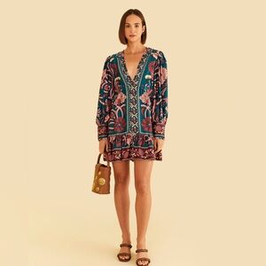 NWOT FARM Rio Teal Seashell Tapestry Lenzing™ Ecovero™ Viscose Mini Dress xs